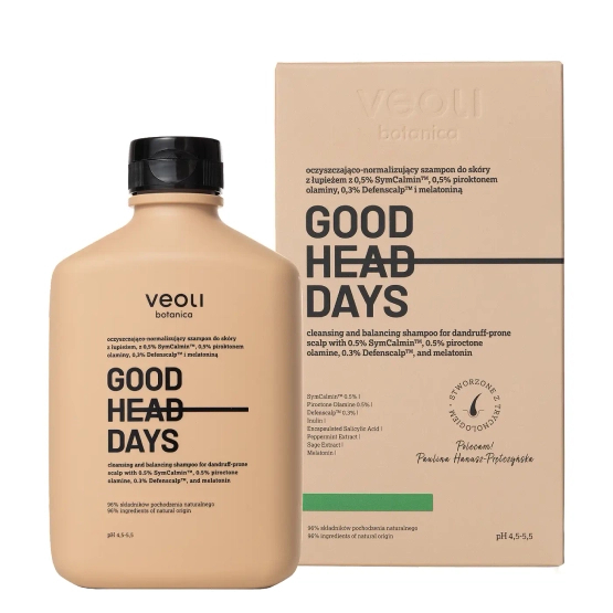 Veoli Botanica GOOD HEAD DAYS oczyszczająco-normalizujący szampon do skóry z łupieżem z 0,5% Symcalmin™, 0,5% piroktonem olaminy, 0,3% Defenscalp™ i melatoniną 300ml