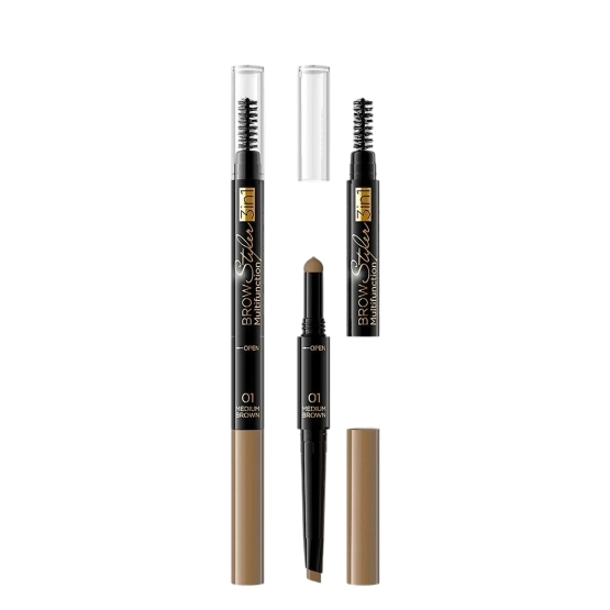 Eveline Cosmetics Brow Styler Multifunction 3w1 Kredka do brwi w sztyfcie z gąbeczką i szczoteczką 01 Medium Brown
