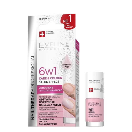 Eveline Cosmetics Nail Therapy Professional Skoncentrowana odżywka do paznokci nadająca kolor Shimmering Sparkling Pink 5ml