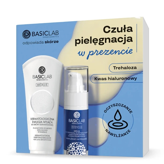 BasicLab Zestaw prezentowy OCZYSZCZANIE I NAWILŻANIE Trehaloza + Kwas hialuronowy (Dermatologiczna emulsja myjąca do skóry ultrawrażliwej + Serum z trehalozą 10% i 5% peptydem)