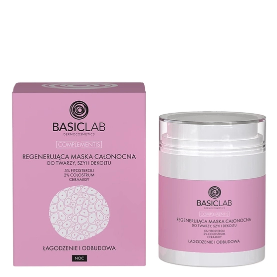 BasicLab Regenerująca maska całonocna do twarzy, szyi i dekoltu, 5% fitosteroli, 2% colostrum, ceramidy, Łagodzenie i Odbudowa 50ml