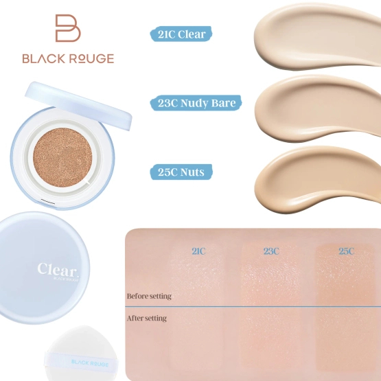 BLACK ROUGE Thin Layer Clear Cushion - Wegański podkład z efektem soft-focus i naturalnego semi-matu SPF 50+ PA++++ Nuts 14g