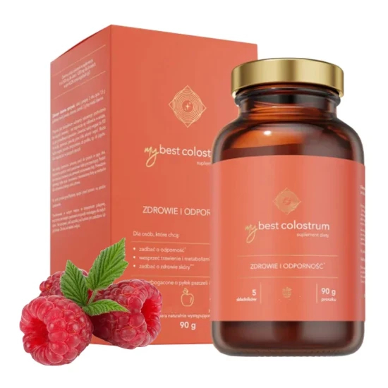 MyBestPharm MyBestColostrum Wsparcie odporności dla dzieci i dorosłych Smak malinowy 90g