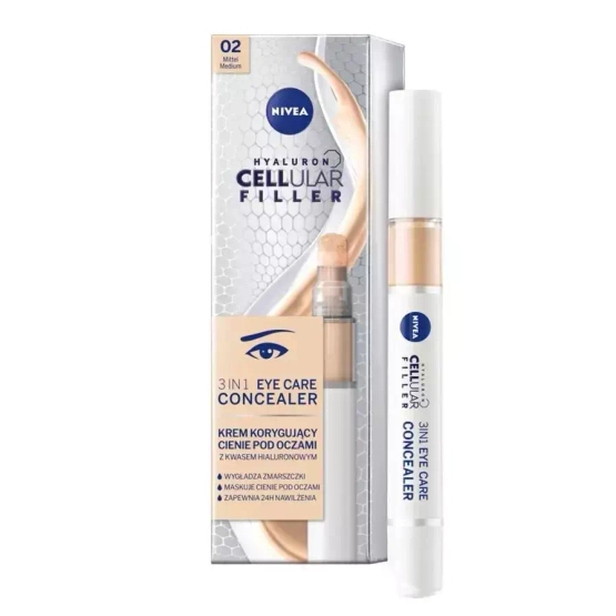 Nivea Hyaluron Cellular Filler 3In1 Eye Care Concealer krem korygujący cienie pod oczami 02 Medium 4ml