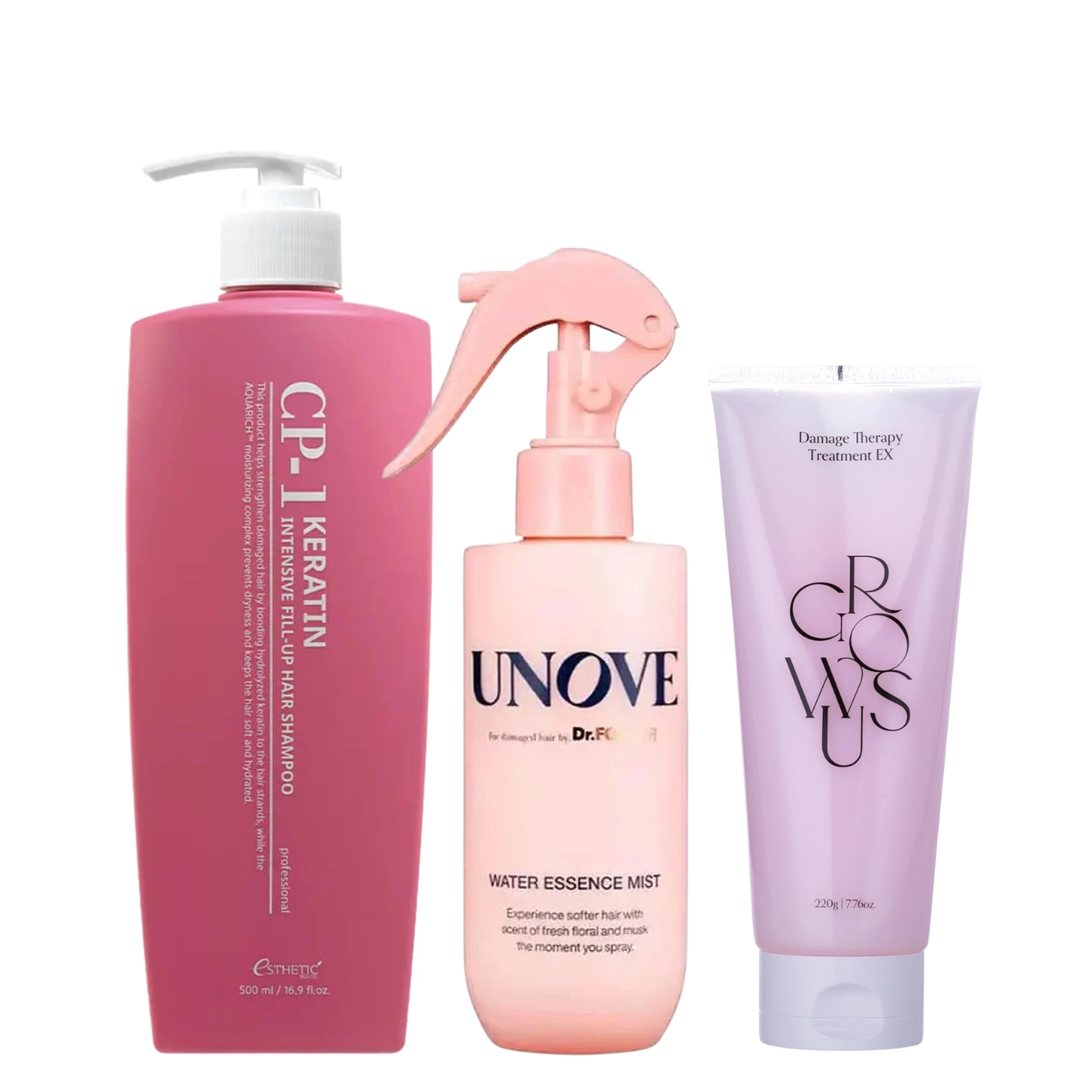 Zestaw K-Beauty Hair Regeneration Set - Zestaw kosmetyków regenerujących do włosów: CP-1 Szampon Keratin Intensive Fill-up 500ml + GROWUS Oodżywka Damage Therapy + UNOVE Mgiełka Water Essence