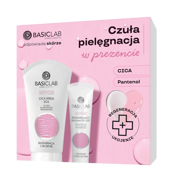BasicLab Zestaw prezentowy UKOJENIE I REGENERACJA DLA WRAŻLIWEJ SKÓRY Cica + Panthenol (Cica Krem SOS + Regenerujący balsam do ust)