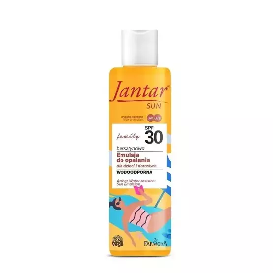 Jantar Sun SPF 30 Bursztynowa Wodoodporna Emulsja do opalania dla dzieci i dorosłych z hydrolatem z neroli i kompleksem niwelującym zapach potu, 200 ml